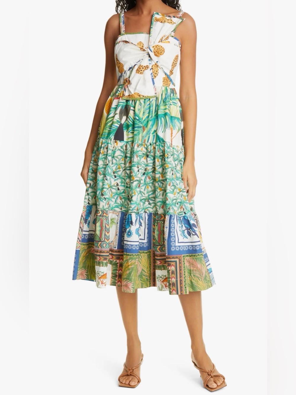 Farm Rio Mixed Prints Bow Sleeveless Midi Dress